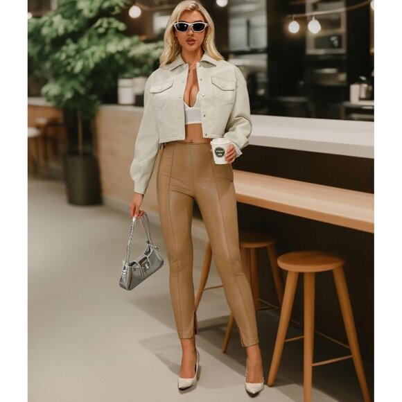 Women Beige Cropped Moto Biker Short Comfortable Pu Faux Leather Fashion Jacket - Picture 4 of 8